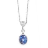 A CEYLON NO HEAT SAPPHIRE AND DIAMOND PENDANT NECKLACE set with a cushion cut sapphire of 6.10