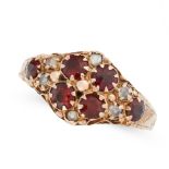 AN ANTIQUE GARNET AND PEARL RING in 9ct yellow gold, the face is set with a cluster of round cut