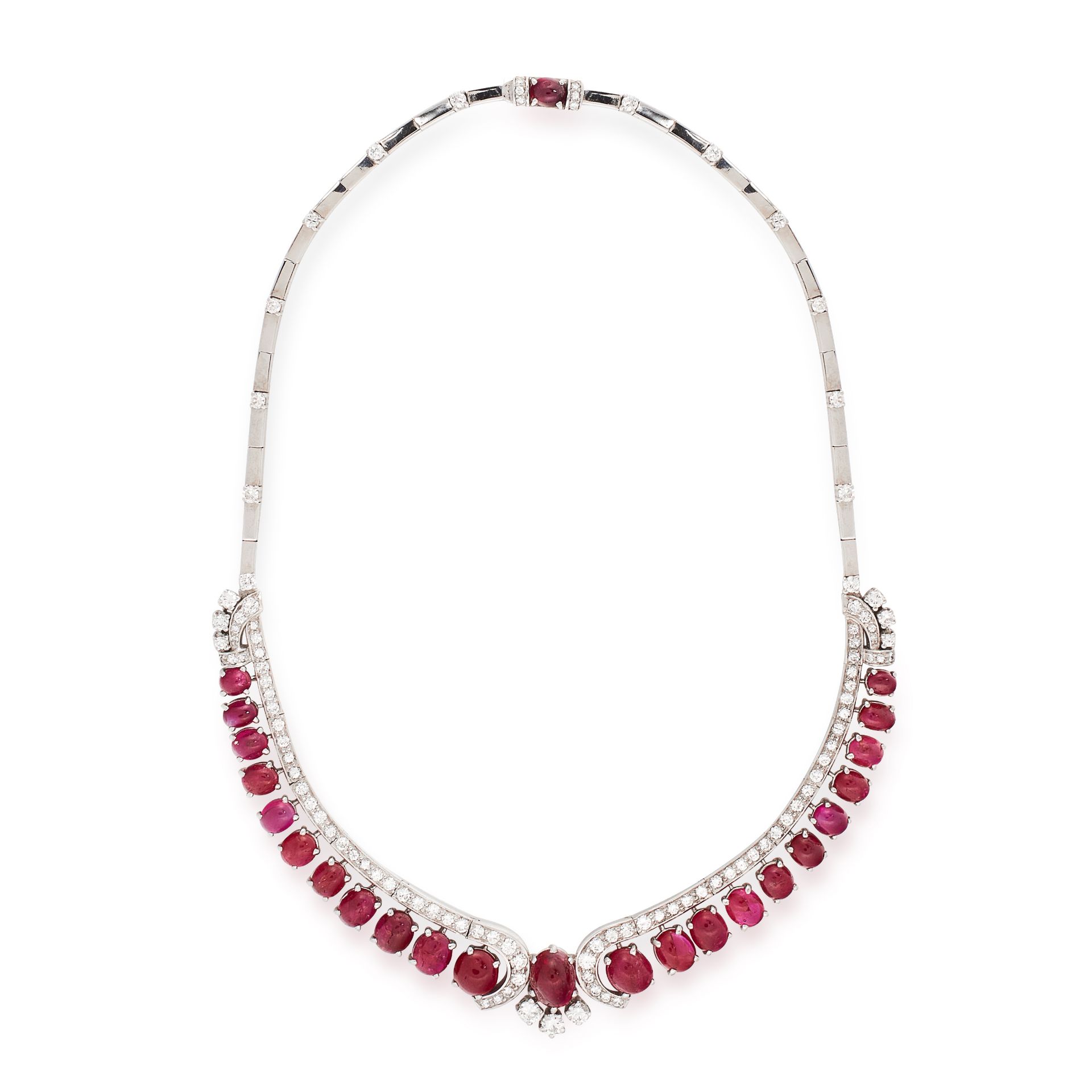 A RUBY AND DIAMOND NECKLACE set with a row of twenty-three graduated oval cabochon rubies