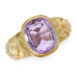 AN ANTIQUE AMETHYST BISHOPS RING in yellow gold, set with cushion cut amethyst of 4.87 carats with