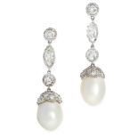 A PAIR OF PEARL AND DIAMOND DROP EARRINGS each set with a drop shaped pearl of 13.0mm accented by