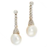 A PAIR OF ANTIQUE NATURAL PEARL AND DIAMOND EARRINGS in yellow gold and silver, each set with a