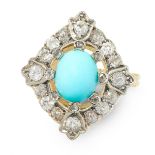 AN ANTIQUE TURQUOISE AND DIAMOND DRESS RING in yellow gold and silver, set with an oval cabochon