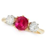 A BURMA NO HEAT RUBY AND DIAMOND RING in 18ct yellow gold and platinum, set with a cushion cut