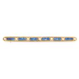 AN ANTIQUE SAPPHIRE AND PEARL BAR BROOCH, EARLY 20TH CENTURY in 15ct yellow gold, set with trios