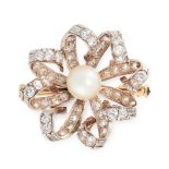 AN ANTIQUE NATURAL PEARL AND DIAMOND BROOCH, LATE 19TH CENTURY in yellow gold and silver, set with a