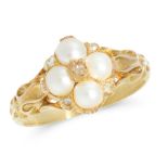 AN ANTIQUE PEARL AND DIAMOND DRESS RING, 19TH CENTURY in yellow gold, the face set with a cluster of