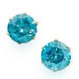 A PAIR OF BLUE ZIRCON STUD EARRINGS in 18ct yellow gold, each set with a round cut blue zircon, both