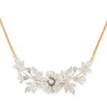 A DIAMOND PENDANT NECKLACE in 18ct yellow gold and silver, designed as a spray of foliage jewelled