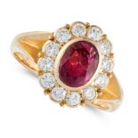 A RUBY AND DIAMOND CLUSTER RING in 18ct yellow gold, set with an oval cut ruby of 1.10 carats in a