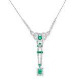 A COLOMBIAN EMERALD AND DIAMOND PENDANT NECKLACE the body formed of a series of scrolling motifs set