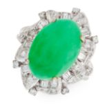 A NATURAL JADEITE JADE AND DIAMOND CLUSTER RING in 18ct white gold, set with a cabochon jadeite jade