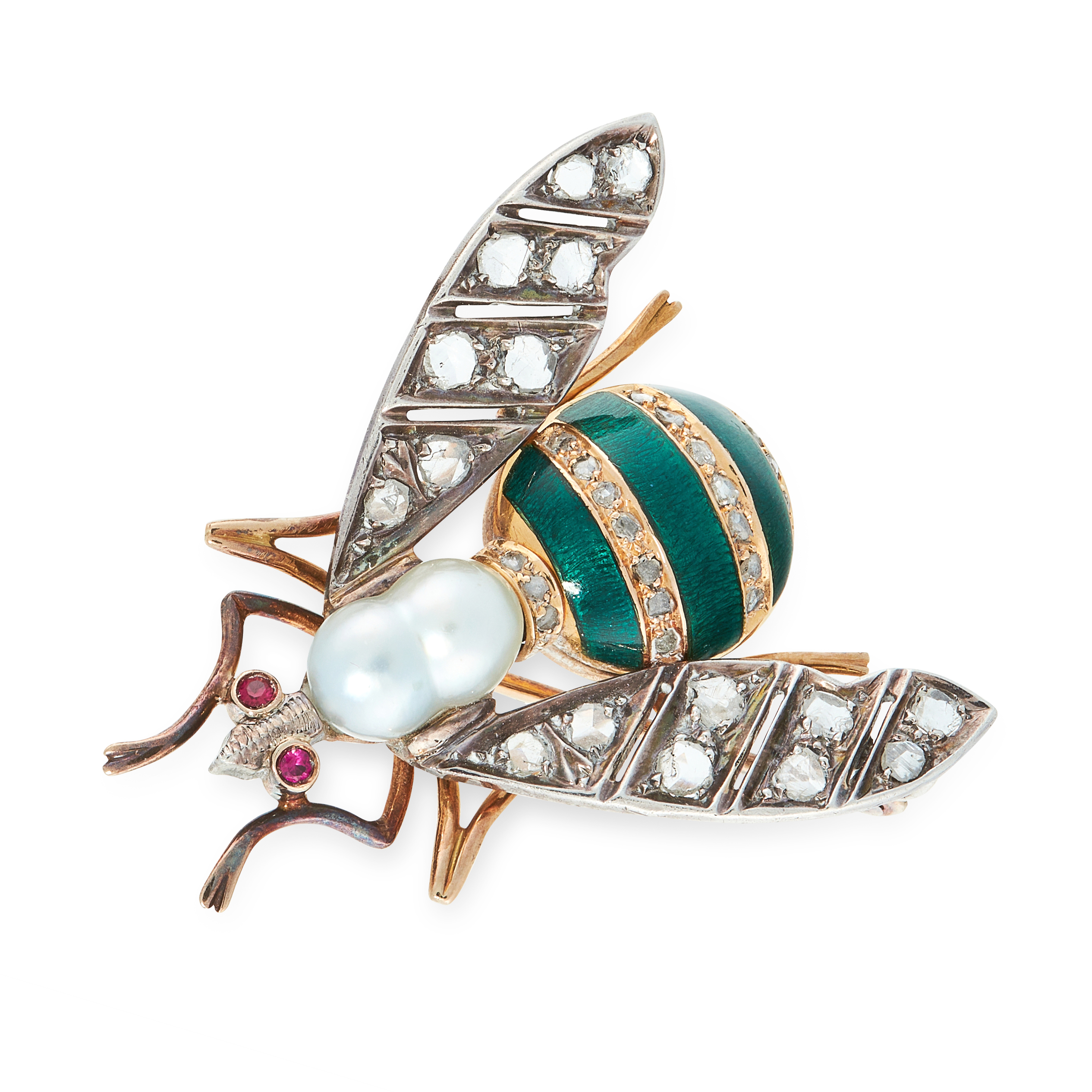 A PEARL, DIAMOND, RUBY AND ENAMEL INSECT BROOCH in yellow gold and silver, in the form of a bee, the
