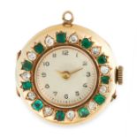 AN EMERALD AND DIAMOND POCKET / FOB WATCH in 18ct yellow gold, comprising of a white dial enclosed