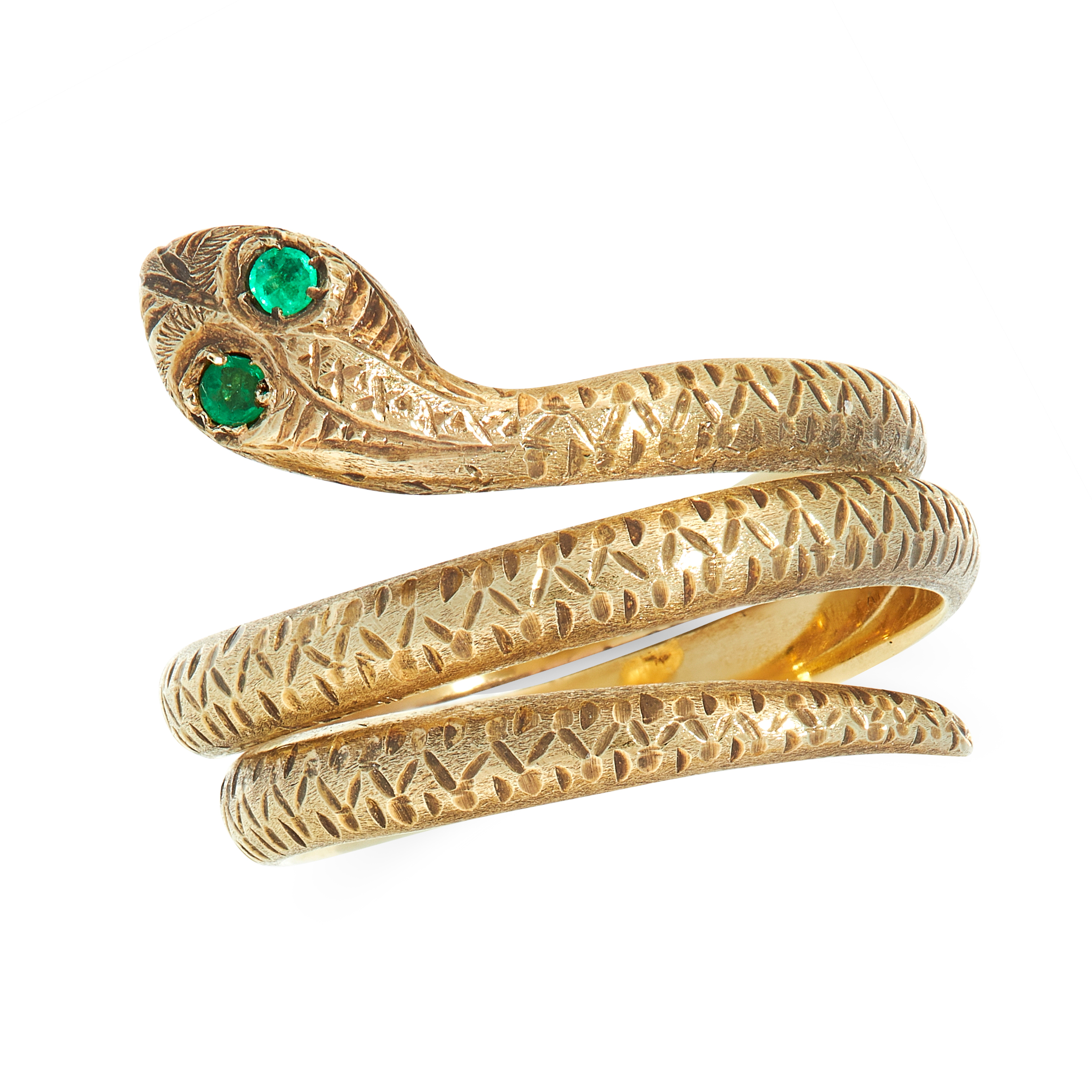 AN EMERALD SNAKE DRESS RING in high carat yellow gold, designed as the body of a snake coiled around