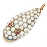 AN ANTIQUE RUBY AND PEARL SNAKE PENDANT in yellow gold and silver, designed as the head of a