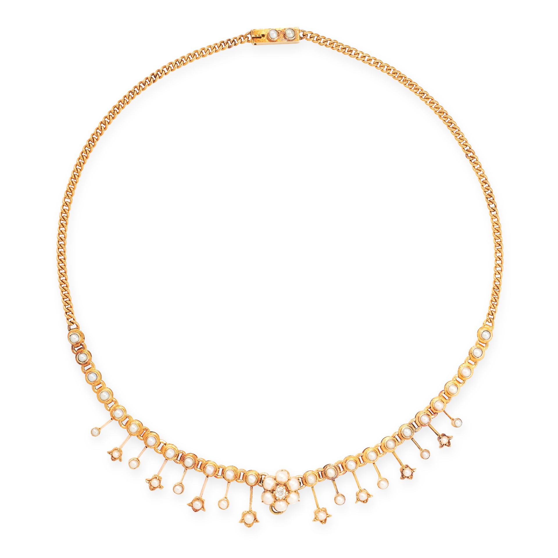 AN ANTIQUE PEARL AND DIAMOND FRINGE NECKLACE, CIRCA 1900 in yellow gold, comprising a row of