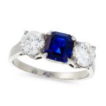 A SAPPHIRE AND DIAMOND DRESS RING set with a square emerald cut blue sapphire of 1.40 carats between