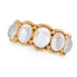 AN ANTIQUE MOONSTONE DRESS RING, 19TH CENTURY in high carat yellow gold, set with a row of five