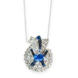 A SAPPHIRE AND WHITE GEMSTONE NECKLACE in 18ct white gold and silver, in Art Deco design, set with