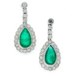 A PAIR OF EMERALD AND DIAMOND DROP EARRINGS each set with a row of round cut diamonds suspending a