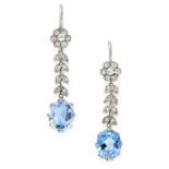 A PAIR OF SAPPHIRE AND DIAMOND DROP EARRINGS each set with a cushion cut blue sapphire of 3.06 and