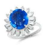A CEYLON NO HEAT SAPPHIRE AND DIAMOND DRESS RING set with a cushion cut blue sapphire of 4.87 carats