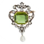 AN ANTIQUE PERIDOT, NATURAL PEARL AND DIAMOND BROOCH / PENDANT, 19TH CENTURY in yellow gold and