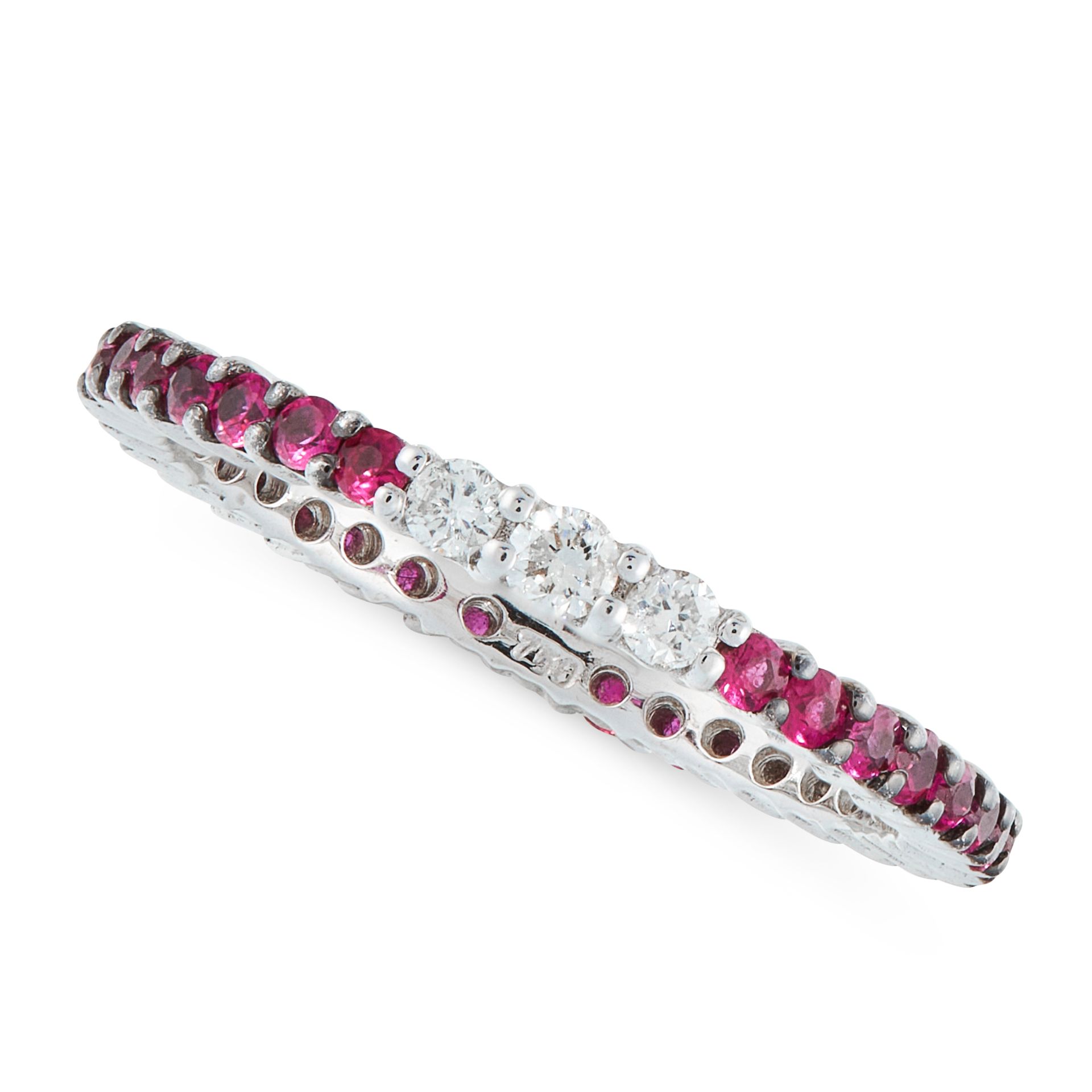 A RUBY AND DIAMOND ETERNITY RING in 18ct white gold, designed as a full eternity, set with round cut