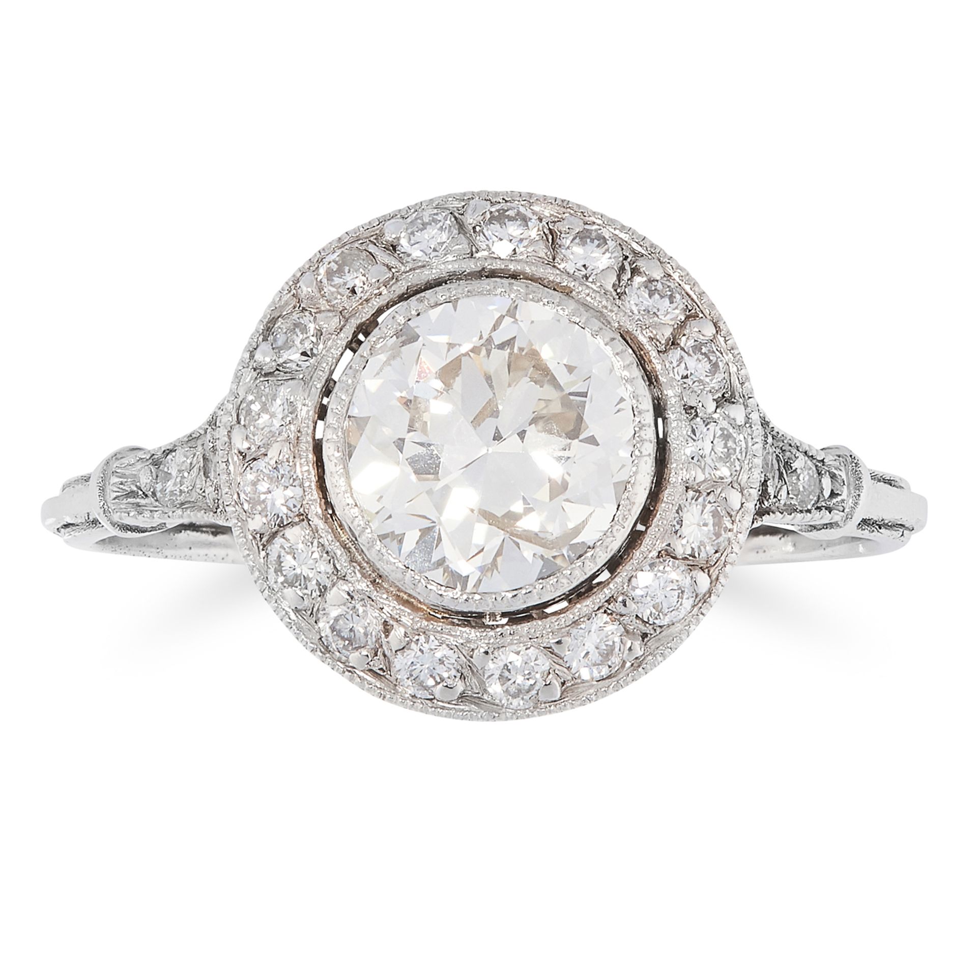 A DIAMOND DRESS RING set with a central round cut diamond of 1.32 carats in a halo of round cut