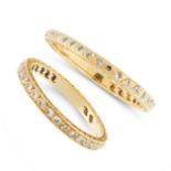 TWO DIAMOND ETERNITY RINGS in 18ct yellow gold, each set with a single row of round cut diamonds,