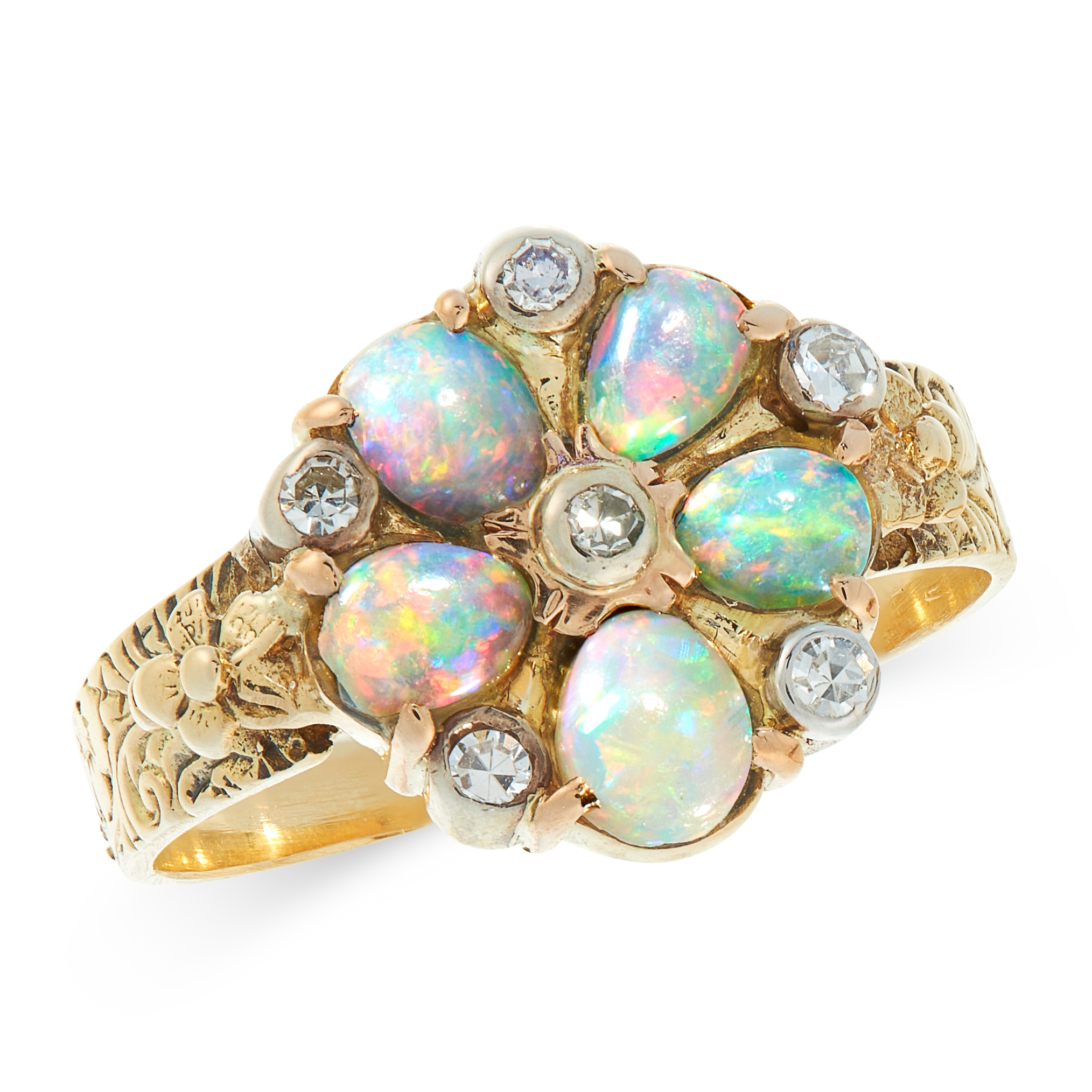 AN ANTIQUE OPAL AND DIAMOND DRESS RING in high carat yellow gold, the face set with five graduated