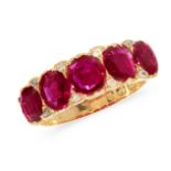 AN ANTIQUE BURMA NO HEAT RUBY AND DIAMOND FIVE STONE RING, 1907 in 18ct yellow gold, set with five