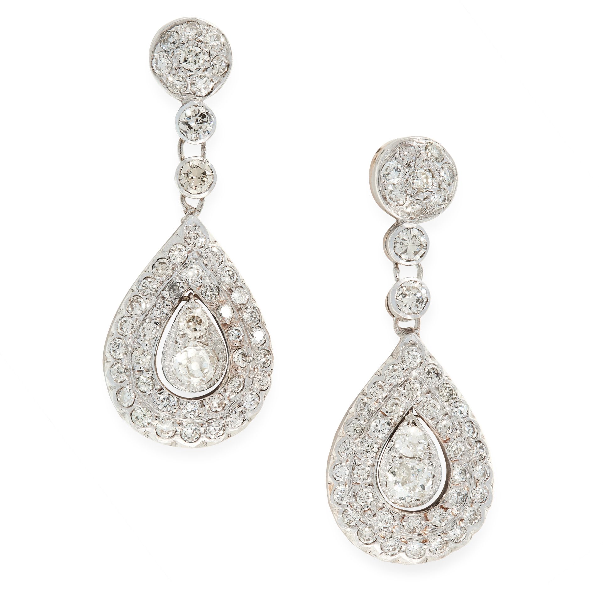 A PAIR OF DIAMOND DROP EARRINGS each set with two graduated old cut diamonds in a pear shaped