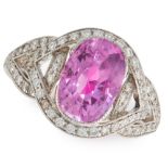 A CEYLON NO HEAT PINK SAPPHIRE AND DIAMOND RING in 18ct white gold, set with a cushion cut pink