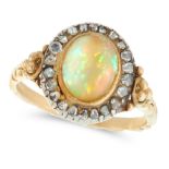 AN OPAL AND DIAMOND DRESS RING in high carat yellow gold and silver, set with an oval cabochon