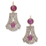 A PAIR OF RUBY AND DIAMOND DROP EARRINGS each set with a pear shape cabochon ruby and a round