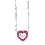 A DIAMOND AND RUBY PENDANT NECKLACE in white gold, set with a heart shaped brilliant cut diamond