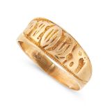 A GOLD BAND RING with engraved detailing to the front of the ring, unmarked, size G / 3, 2.1g.
