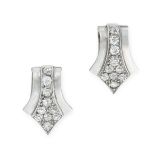 A PAIR OF ART DECO DIAMOND CLIP BROOCHES in shield form, set with old cut diamonds, 1.4cm, 4.7g.