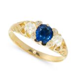 AN ANTIQUE SAPPHIRE AND DIAMOND DRESS RING in high carat yellow gold, set with a cushion cut blue