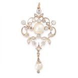 AN ANTIQUE NATURAL PEARL AND DIAMOND PENDANT LATE 19TH CENTURY in yellow gold and silver, set with