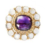 AN ANTIQUE AMETHYST AND MOONSTONE BROOCH, CIRCA 1900 in yellow gold, set with a cushion cut amethyst