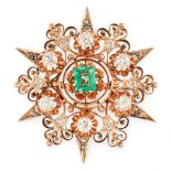 AN ANTIQUE EMERALD AND DIAMOND STAR BROOCH / PENDANT, 19TH CENTURY in high carat yellow gold,