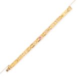 A VINTAGE RUBY AND DIAMOND BRACELET in 14ct yellow gold, formed of rectangular links, set with a