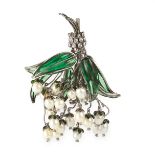 A VINTAGE PEARL AND ENAMEL BROOCH designed as a bouquet of mistletoe, the leaves formed of green