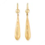 A PAIR OF ANTIQUE GOLD DROP EARRINGS, 19TH CENTURY in yellow gold, each formed of a tapering drop