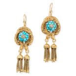 A PAIR OF ANTIQUE TURQUOISE AND DIAMOND SNAKE EARRINGS, 19TH CENTURY in yellow gold, each with a