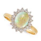 AN OPAL AND DIAMOND CLUSTER RING in 18ct yellow gold, set with a cabochon opal in a border of