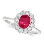 A RUBY AND DIAMOND DRESS RING in 18ct white gold, set with an oval cut ruby of 1.20 carats within